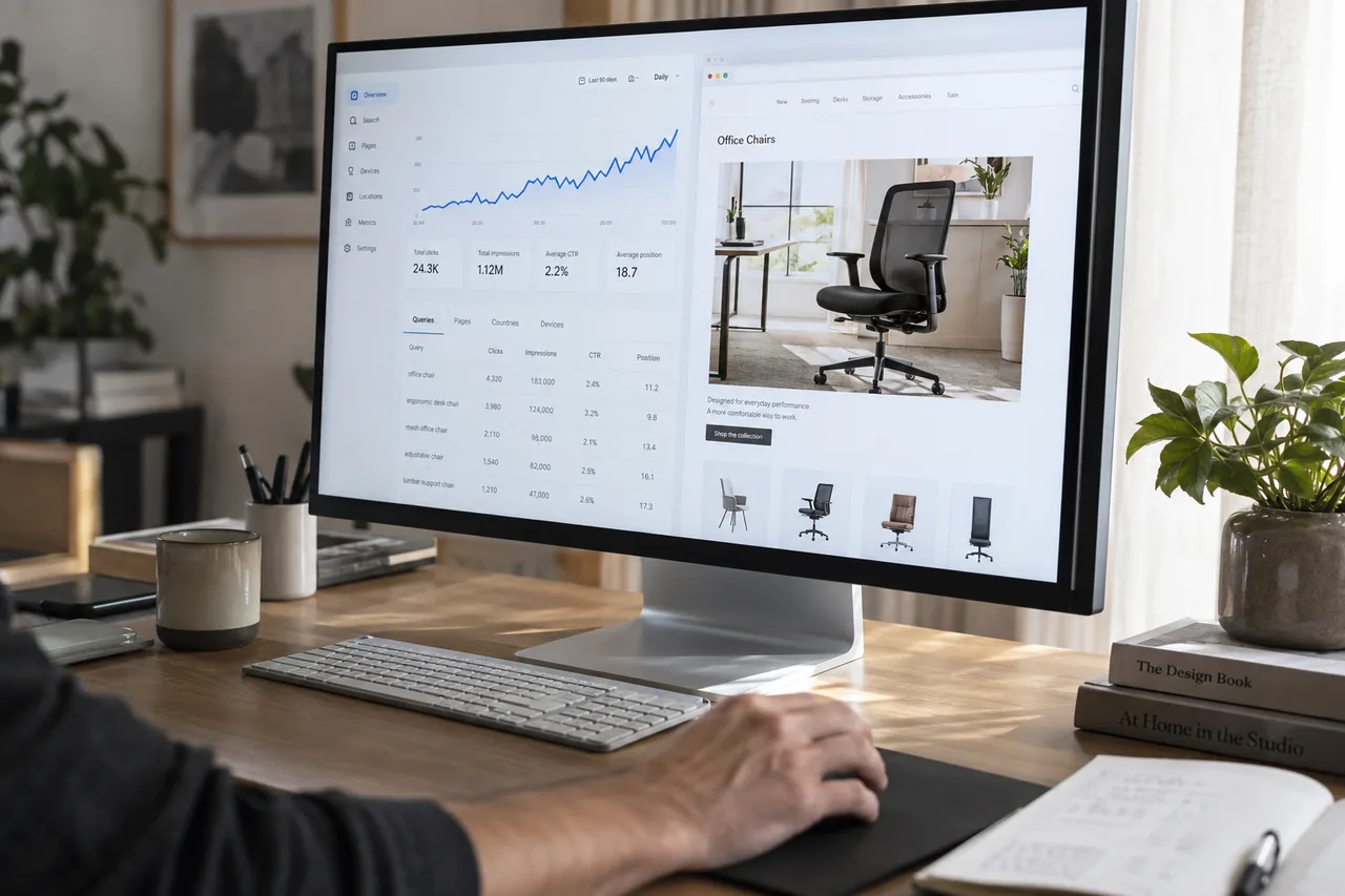 Illustrative workspace for reviewing search results and website data during SEO research